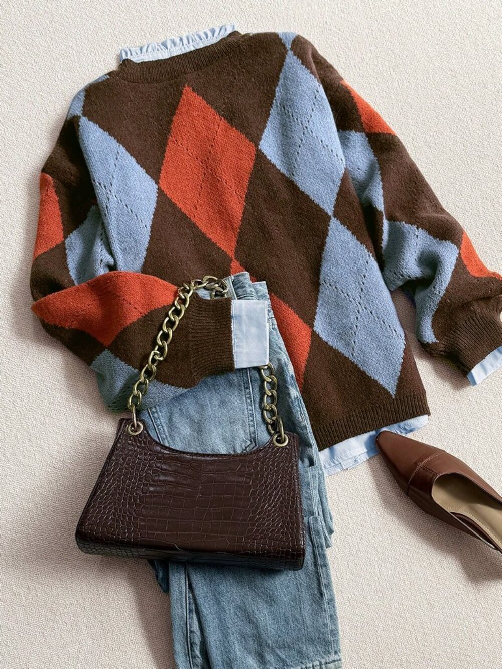 Reddish Brown Casual Women's Loose Rib-Knit Geometric Crew Neck Pullover Sweater - Picture 6 of 6